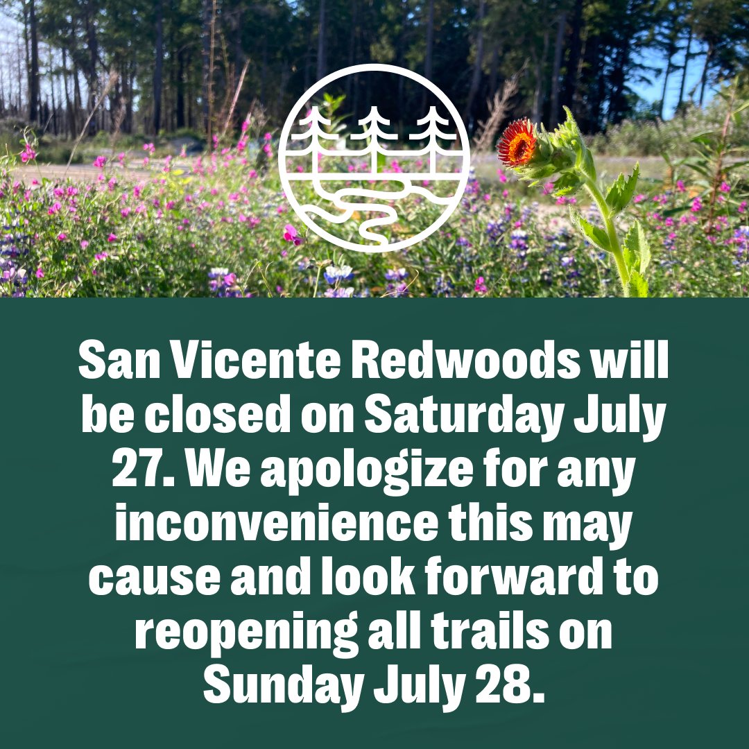 LandTrustSantaCruz (@landtrustscc) on Twitter photo San Vicente Redwoods trails will be closed for a private event on Saturday July 27. We apologize for any inconvenience this may cause and look forward to reopening all trails on Sunday July 28. San Vicente Redwoods trails will be closed for a private event on Saturday July 27. We apologize for any inconvenience this may cause and look forward to reopening all trails on Sunday July 28.
