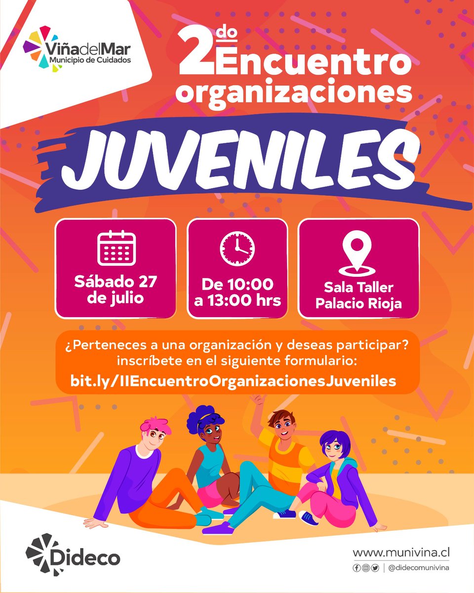 𝐄𝐧𝐜𝐮𝐞𝐧𝐭𝐫𝐨 𝐎𝐫𝐠𝐚𝐧𝐢𝐳𝐚𝐜𝐢𝐨𝐧𝐞𝐬 𝐉𝐮𝐯𝐞𝐧𝐢𝐥𝐞𝐬 
Inscríbete en el siguiente formulario:    bit.ly/IIEncuentroOrg…  
O escríbenos al correo:  oficinadelasjuventudes@munivina.cl 
Teléfono: +569 5393 2129