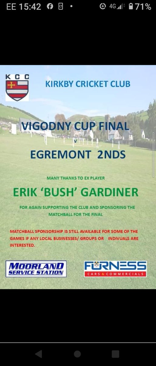 KirkbyC's tweet photo. Come and support the club this Sunday as we play @Egremontcc 2nds in the vigodny cup final, kindly hosted by @Haverigg_CC ! Big thanks to ex KCC player and league umpire 'Bush' Gardiner for his continued sponsorship 👏👍🏆🏏 @cumbrialeague #KCC https://t.co/cdPwdaMSSh