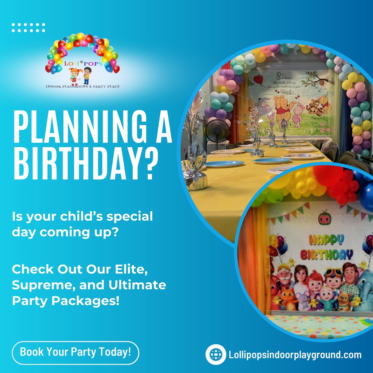 lollipopsindoor's tweet photo. 🎈 Planning a Birthday? Make it unforgettable with our Elite, Supreme, and Ultimate Party Packages! Pizza, juice, and themed decor included. Book now at https://t.co/xb54Mjsfla 🎉 #BirthdayBash 🎂 https://t.co/I2daqtRbSG