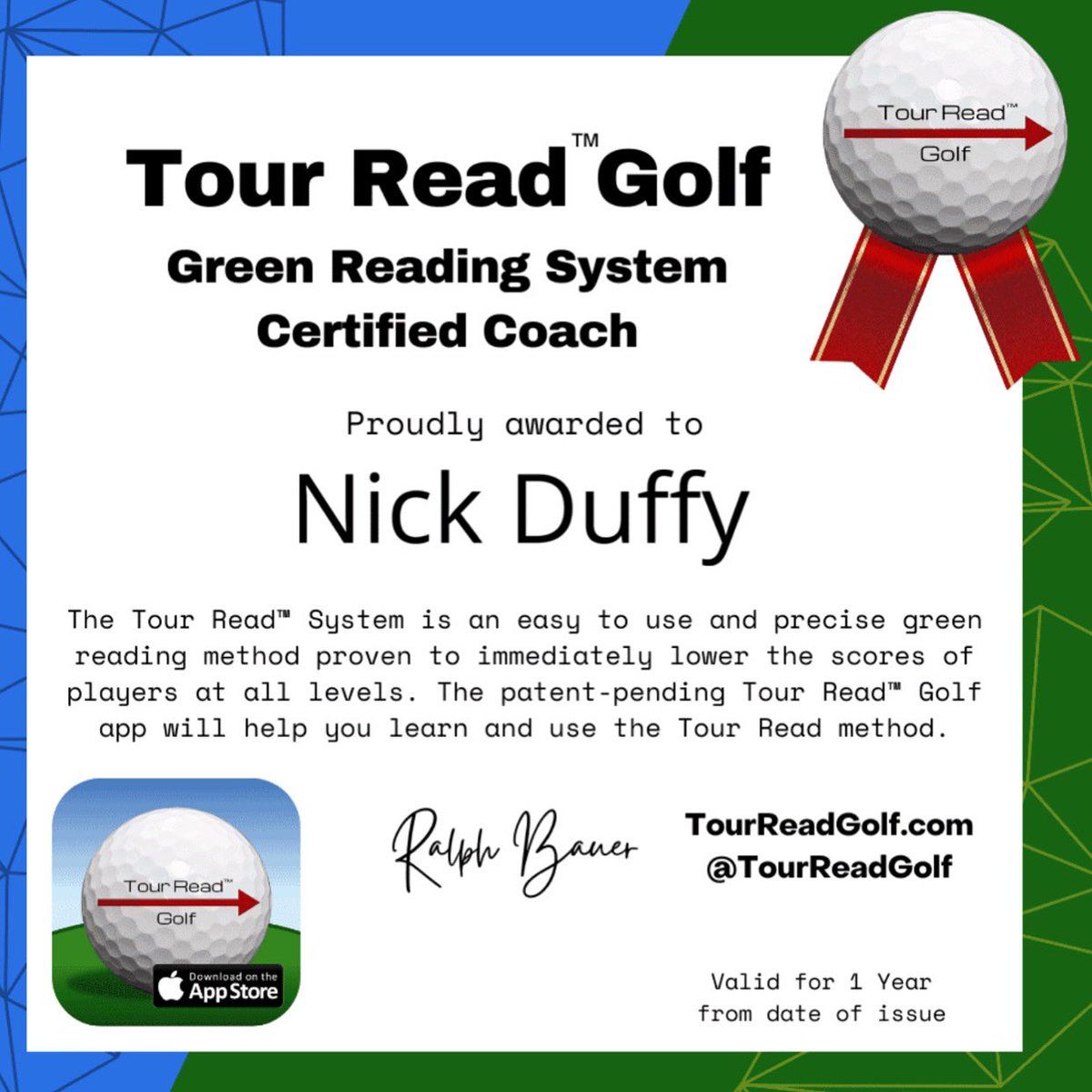 Enjoyed this certification from <a href="/TourReadGolf/">Tour Read Powered by Odyssey</a> looking forward to use it with clients.