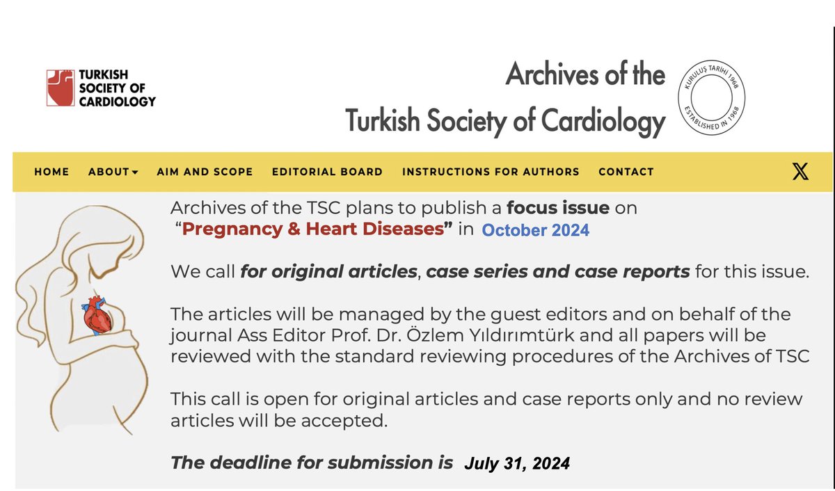 📢 Call for Papers: Special Issue on "Pregnancy &amp; Heart Diseases"
Archives of Turkish Society of Cardiology is excited to announce a forthcoming special issue  dedicated to "Pregnancy &amp; Heart Diseases," scheduled for publication in October 2024.
We invite the submission of