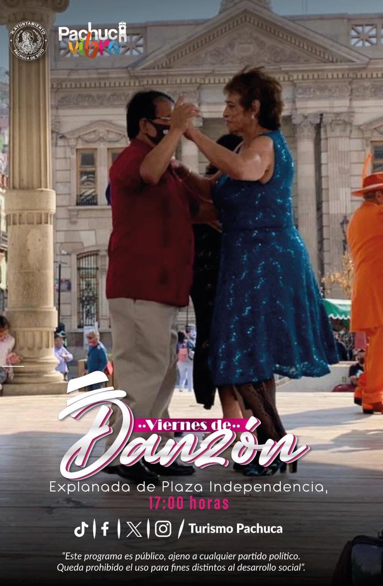 ¿No sabes que hacer en un viernes?
Ven a #ViernesDeDanzon💃🏻🕺🏻🪇 y disfruta una bella tradición con toda la familia  👩‍👩‍👦‍👦🐶. 
#PachucaVibra 

<a href="/sergiobanosr/">Sergio Baños Rubio</a> // <a href="/RicardoRiveraB3/">Ricardo Rivera Barquín</a> 
<a href="/PachucaGob/">H. Ayuntamiento de Pachuca</a>