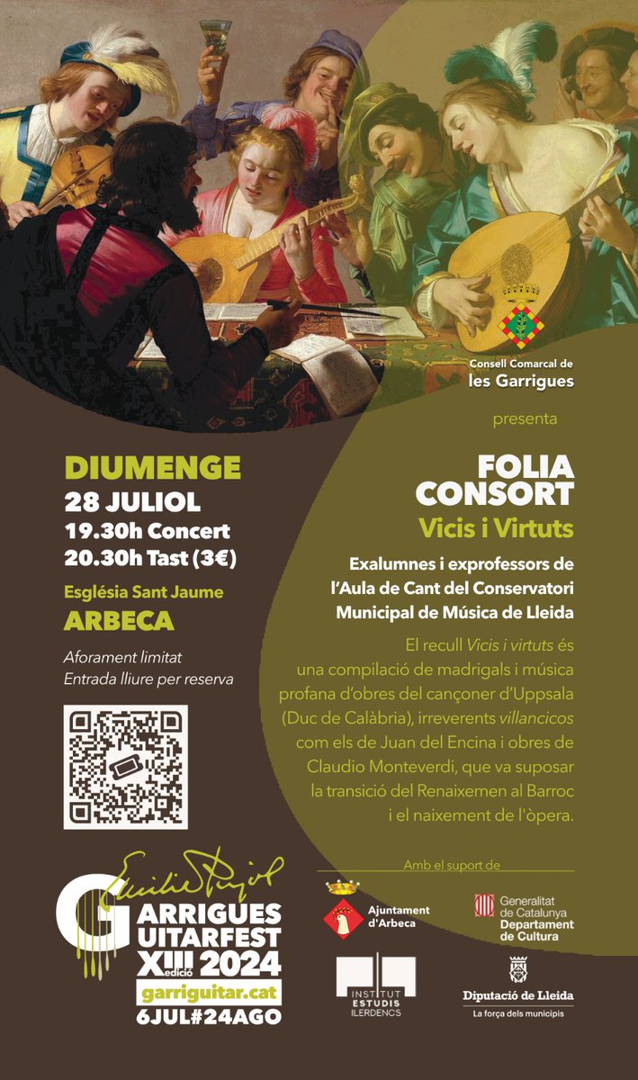 Garrigues Guitar Festival Memorial Emili Pujol (@garriguitar) on Twitter photo Diumenge tanquem el juliol del Guitarfest a l'Església d'Arbeca amb vicis i virtuts de la Folia Consort. Recordeu a les 19.30h. Us esperem!
Entrada lliure per reserva👉🏽 eventbrite.com/e/923149634407…
<a href="/catalunyamusica/">Catalunya Música</a> <a href="/RevistaMusCat/">Revista Musical Catalana</a> <a href="/324cat/">324.cat</a> <a href="/somgarrigues/">Som Garrigues</a> <a href="/GarriguesTV/">Les Garrigues TV</a> <a href="/LleidaTV/">Lleida TV</a> <a href="/lleidacom/">LLEIDA.COM</a> Diumenge tanquem el juliol del Guitarfest a l'Església d'Arbeca amb vicis i virtuts de la Folia Consort. Recordeu a les 19.30h. Us esperem!
Entrada lliure per reserva👉🏽 eventbrite.com/e/923149634407…
<a href="/catalunyamusica/">Catalunya Música</a> <a href="/RevistaMusCat/">Revista Musical Catalana</a> <a href="/324cat/">324.cat</a> <a href="/somgarrigues/">Som Garrigues</a> <a href="/GarriguesTV/">Les Garrigues TV</a> <a href="/LleidaTV/">Lleida TV</a> <a href="/lleidacom/">LLEIDA.COM</a>