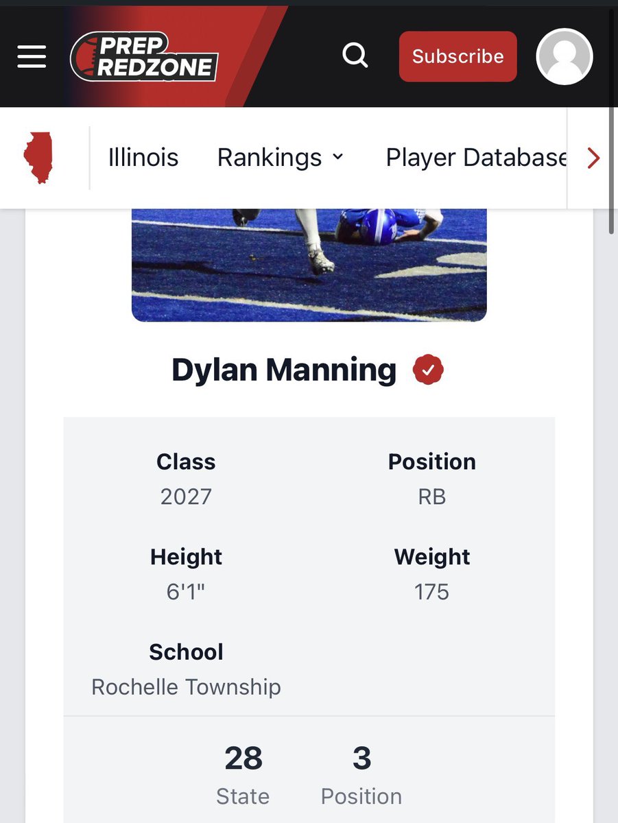 Dylan Manning (@dylan_manning1) on Twitter photo Thankyou <a href="/PrepRedzoneIL/">Prep Redzone Illinois</a> for ranking me #3 RB in the class of 2027. Huge thanks to the amazing <a href="/RTHS_Football/">Rochelle Football</a> o-line as well. Looking forward to my sophomore season!
<a href="/EDGYTIM/">Timothy “EDGYTIM” OHalloran</a> <a href="/nexgenscouting/">Keith Smilie</a> @HSFBscout <a href="/OJW_Scouting/">PrepRedzone Oliver</a> Thankyou <a href="/PrepRedzoneIL/">Prep Redzone Illinois</a> for ranking me #3 RB in the class of 2027. Huge thanks to the amazing <a href="/RTHS_Football/">Rochelle Football</a> o-line as well. Looking forward to my sophomore season!
<a href="/EDGYTIM/">Timothy “EDGYTIM” OHalloran</a> <a href="/nexgenscouting/">Keith Smilie</a> @HSFBscout <a href="/OJW_Scouting/">PrepRedzone Oliver</a>