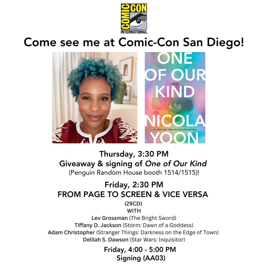 Nicola updates (@nicolayoon) on Twitter photo So happy to be going back to <a href="/Comic_Con/">Comic-Con International</a>
Come on by & say hi!
Today (7/25), 3:30 PM: Giveaway & signing of One of Our Kind (booth #1514/1515)
Tomorrow (7/26), 2:30 PM: Books to Movies panel with a signing to follow at 4:00 PM So happy to be going back to <a href="/Comic_Con/">Comic-Con International</a>
Come on by & say hi!
Today (7/25), 3:30 PM: Giveaway & signing of One of Our Kind (booth #1514/1515)
Tomorrow (7/26), 2:30 PM: Books to Movies panel with a signing to follow at 4:00 PM
