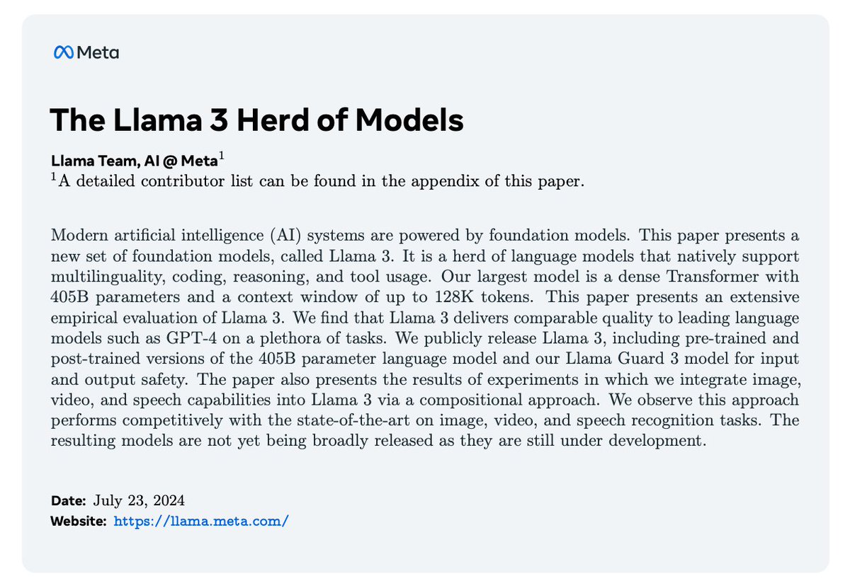 AI at Meta (@aiatmeta) on Twitter photo As part of our support of open science, we've published the full Llama 3 research paper covering a range of topics.
• Model training
• Model architecture
• Results of our ongoing work on integrating image/video/speech capabilities
• Much more
Paper ➡️ go.fb.me/l5f55z As part of our support of open science, we've published the full Llama 3 research paper covering a range of topics.
• Model training
• Model architecture
• Results of our ongoing work on integrating image/video/speech capabilities
• Much more
Paper ➡️ go.fb.me/l5f55z