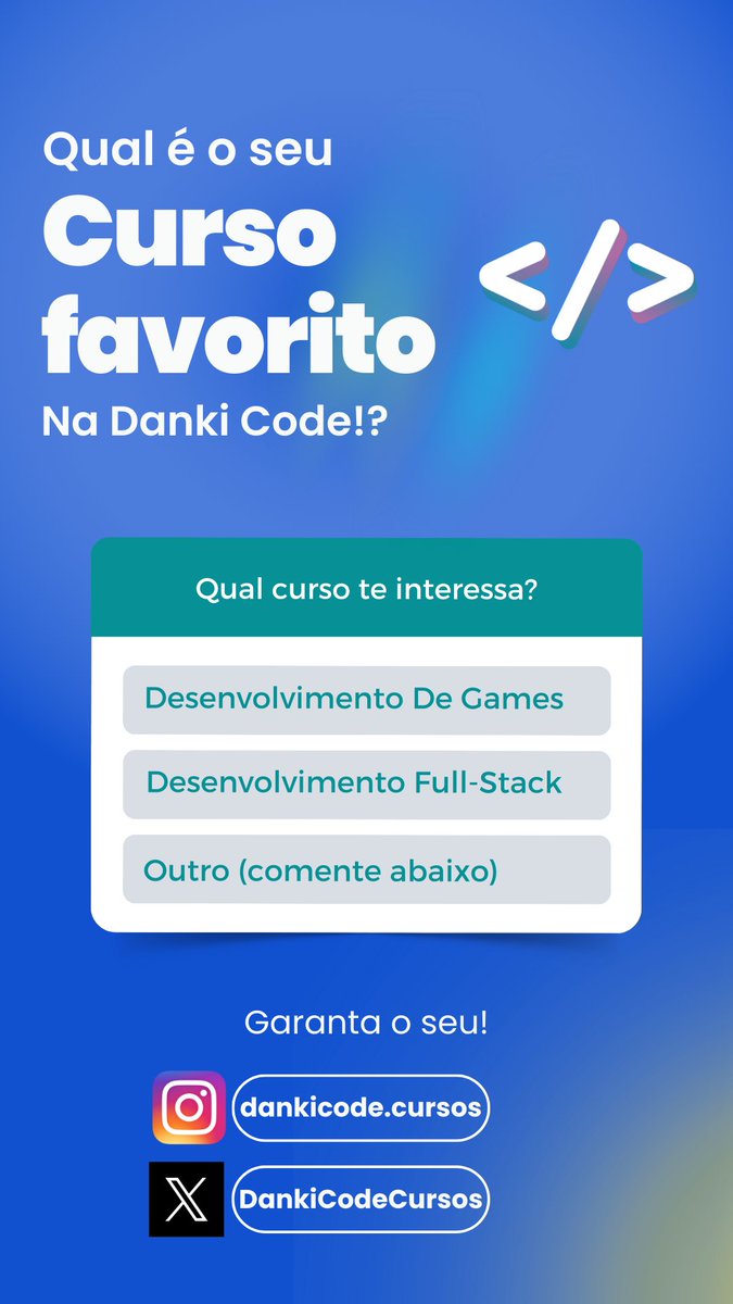 DankiCodeCursos's tweet image. 🚀 Qual é o seu curso favorito na Danki Code? 🚀

👇 Vote abaixo e conte pra gente nos comentários! 👇

💻 Desenvolvimento de Games 🖥️ Desenvolvimento Full-Stack 🔍 Outro (comente abaixo)
🌟 Aproveite e garanta o seu curso agora mesmo! 🌟
linktr.ee/cursos.dankico…