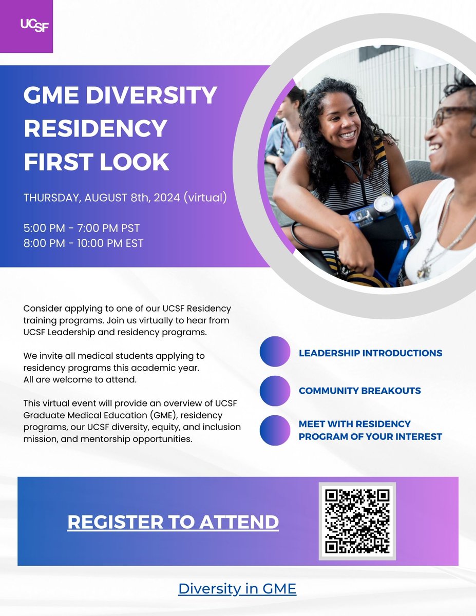 SFPC_UCSF's tweet image. SFPC leadership and residents will be participating in the program-specific portion &amp;amp; community breakout groups. Please share this with your networks for any current medical students interested in this GME-wide event for residency programs across UCSF
