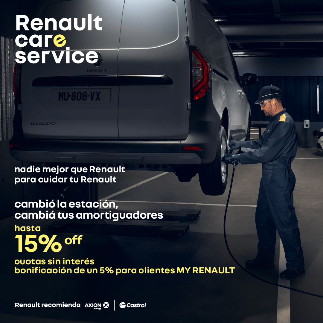 cambiá los amortiguadores de tu Renault con Renault Care Service. hasta 15% off y en cuotas sin interés