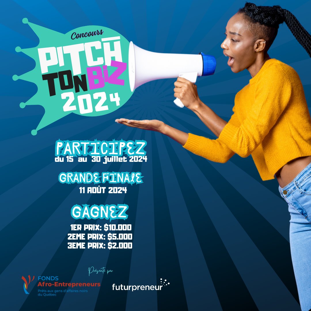 🚀 Ne manquez pas votre chance de briller! Le concours Pitch Ton Biz, présenté en collaboration avec Fonds Afro Entrepreneurs, est de retour! Les entrepreneurs de la communauté noire du QC peuvent gagner jusqu'à 10 000 $! Conditions et inscription 👉🏿 connect.futurpreneur.ca/3YiA4Ey