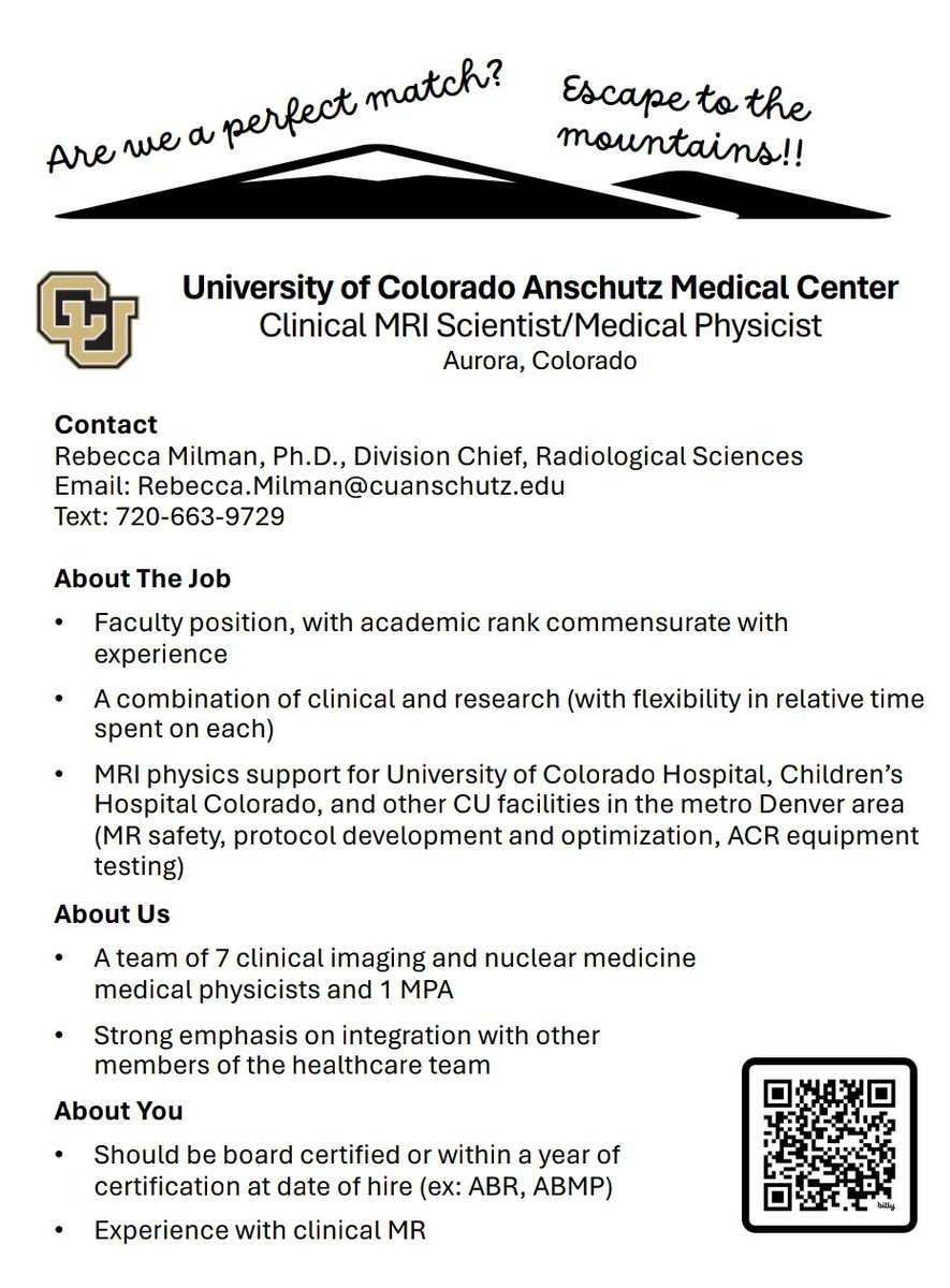Are you an MR physicist 🧲? Do you crave that crisp mountain air 🏔? Did you not get enough of me or @rmmilman at #AAPM2024 🙋‍♀️💁‍♀️?? Join our team at the University of Colorado!! 

cu.taleo.net/careersection/…