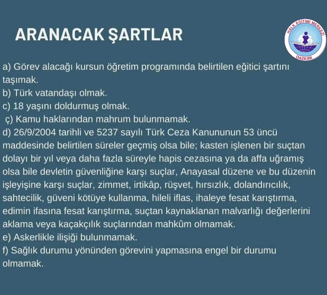 DazkiriHEM's tweet photo. Kurumumuzda çalışmak isteyen öğretmenlere ve usta öğreticilere duyurulur.
@tc_dazkiri @dazkiri_mem @DazkiriHEM https://t.co/AQNFdNjnTq