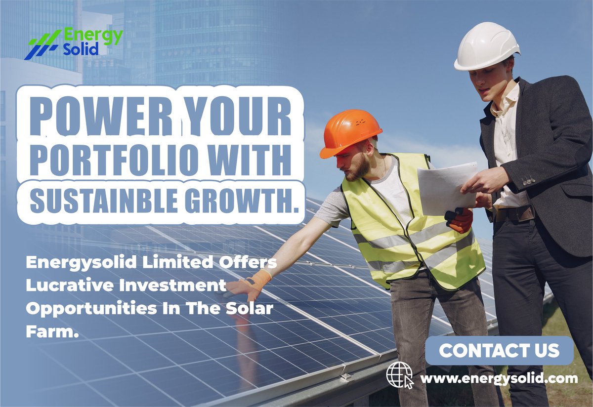 EnergySolidCom's tweet photo. Power your portfolio with sustainable growth! 🌟 Invest in Energysolid Limited’s solar farms and secure lucrative returns while supporting a greener future. #SustainableInvesting #SolarEnergy #Energysolid https://t.co/vHWXXNaMWN