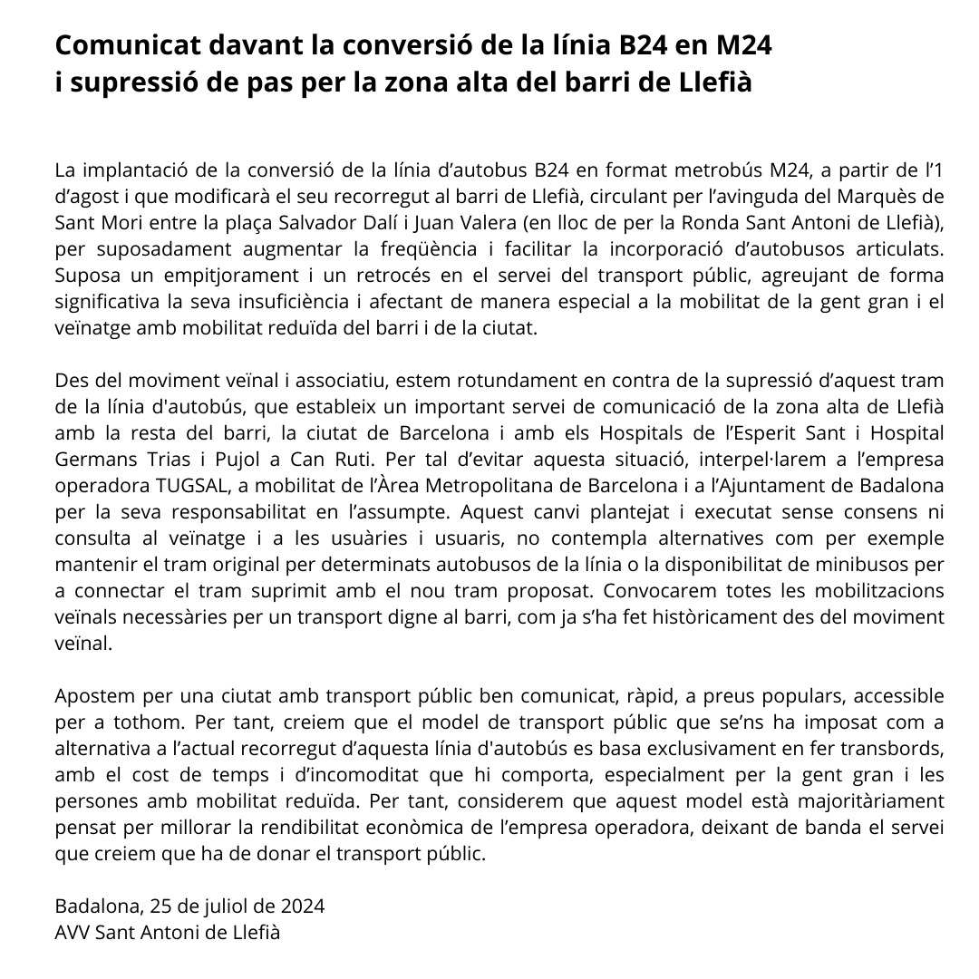 📢 Davant supressió trajecte de la línia 🚍 B24 que passa per zona alta #Llefià #Badalona fet sense consens amb el veïnatge‼️

Esperem <a href="/Mobilitat_AMB/">Mobilitat AMB</a> @tugsal_oficial <a href="/AjBadalona/">Ajuntament de Badalona</a> reverteixin canvi davant queixes, el veïnatge volem participar del procés!