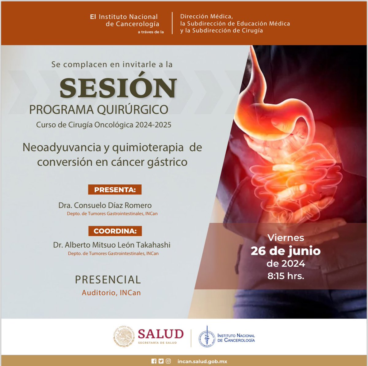 SESIÓN DE CIRUGÍA ONCOLOGICA 
<a href="/incanMX/">Instituto Nacional de Cancerología</a> <a href="/INCansm/">Sociedad Médica INCan</a> <a href="/draivs/">Dra. Itzel Vela</a> <a href="/ogarrieta/">Oscar Arrieta</a> <a href="/Betzabe100/">Erika Ruiz-Garcia</a> <a href="/anelcabrera/">Paula Cabrera</a>