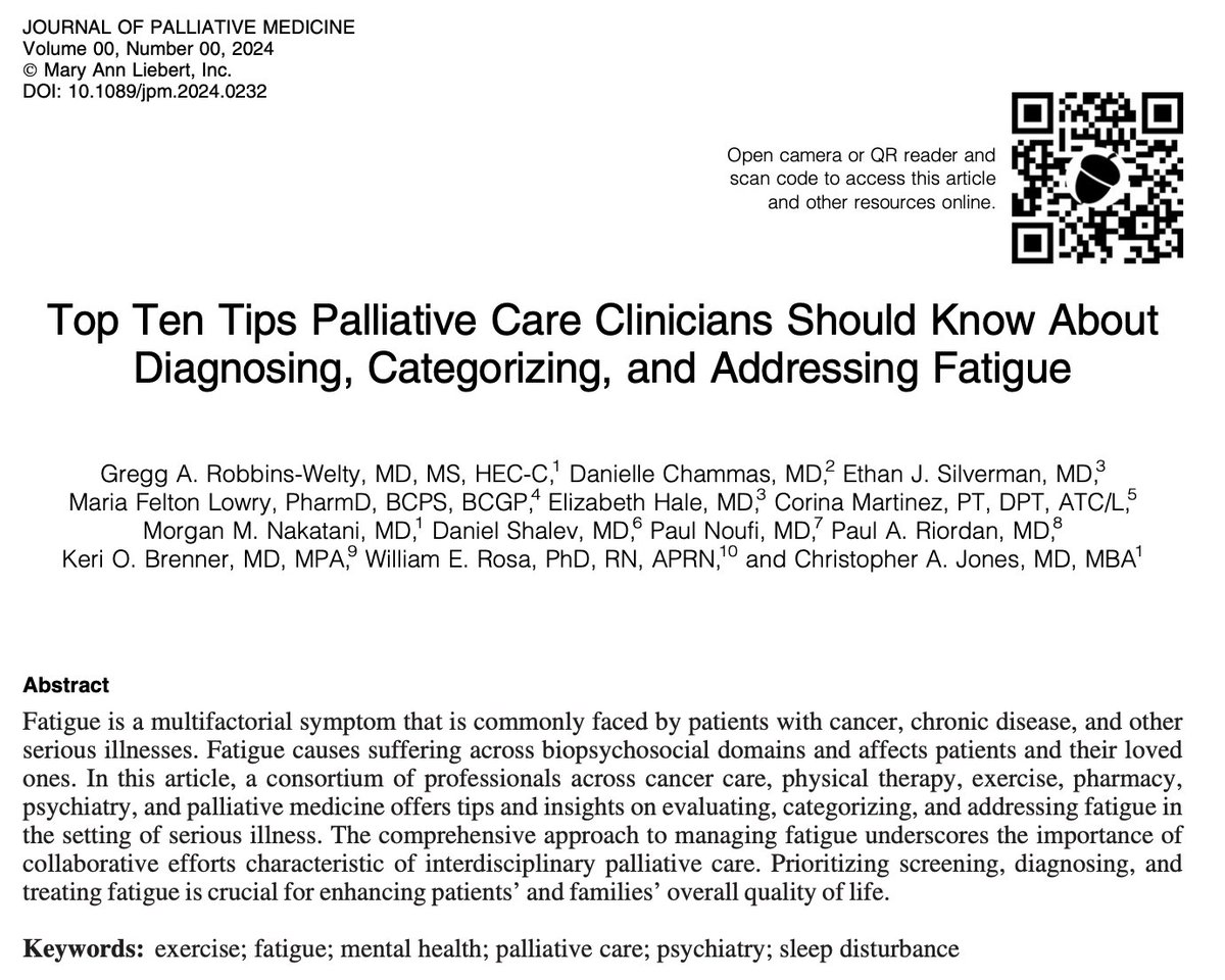Billy Rosa, PhD, MBE, APRN (@billyrosaphd) on Twitter photo 📚Another rockstar team on the next <a href="/PalliativeMed_j/">Journal of Palliative Medicine</a> Top Ten Tips #PalliativeCare Clincicians Should Know About #Fatigue led by <a href="/GreggWeltyMD/">Gregg Robbins-Welty, MD, MS, HEC-C</a>➡️learn how to diagnose, categorize, & address this complex symptom🔗: liebertpub.com/doi/10.1089/jp… 📚Another rockstar team on the next <a href="/PalliativeMed_j/">Journal of Palliative Medicine</a> Top Ten Tips #PalliativeCare Clincicians Should Know About #Fatigue led by <a href="/GreggWeltyMD/">Gregg Robbins-Welty, MD, MS, HEC-C</a>➡️learn how to diagnose, categorize, & address this complex symptom🔗: liebertpub.com/doi/10.1089/jp…