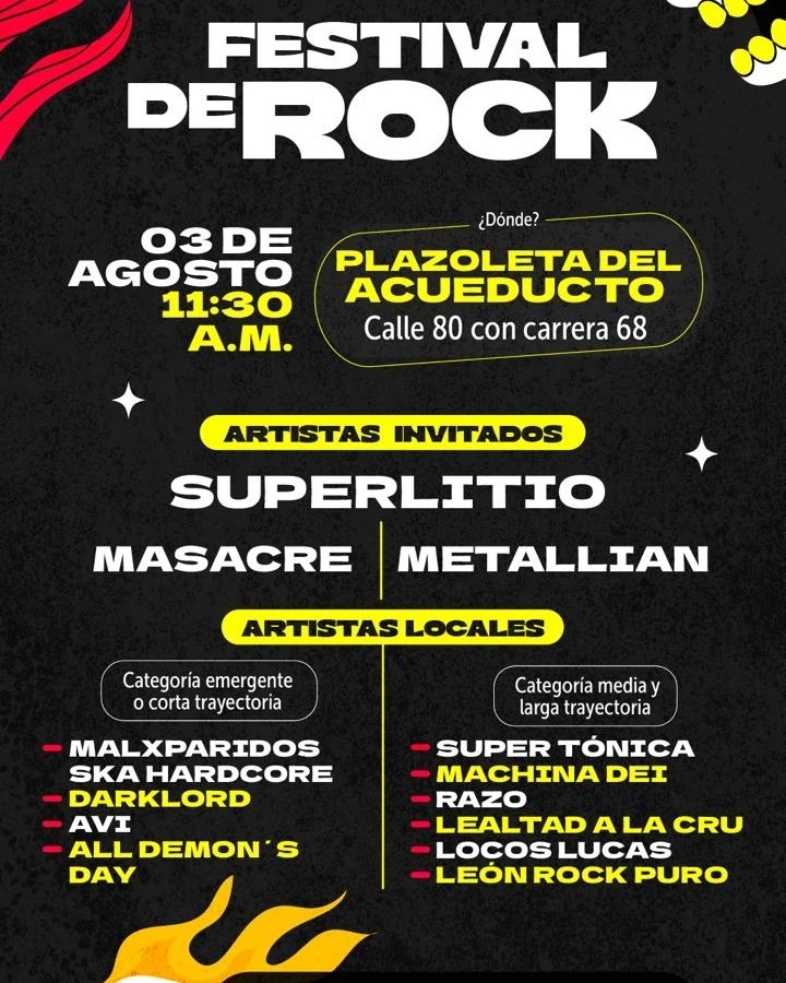 henryrage's tweet photo. 3 de Agosto, Calle 80 con Carrera 68, el Festival de Rock de @Engativalcaldia con @Superlitio @masacremetalofi #Metallian y una banda emergente que tiene talento y me alegra verla en este cartel #LocosLucas es como un Santana, Satriani, con Latin Jazz, Salsa a lo Benny More, Hector Lavoe. Si ese día me ven, me regalan  una pola, arepa rellena o vasitos de patilla. #Rockcolombiano @Radiorageofi