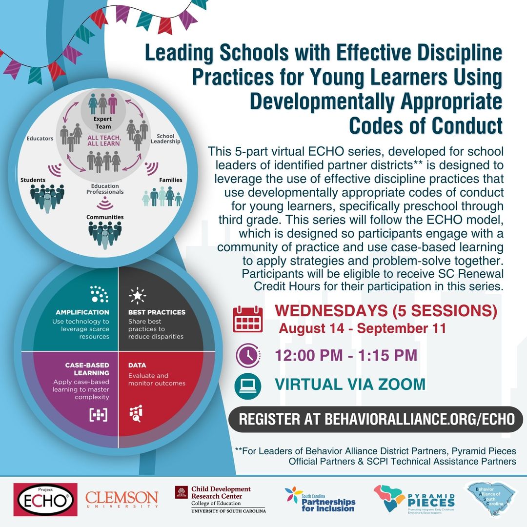SCPyramidPIECES's tweet image. New 5-part ECHO series! First “Leading Schools with Effective Discipline Practices for Young Learners Using Developmentally Appropriate Codes of Conduct” session is on Wednesday, August 14 at 12 pm! 

Register: behavioralliance.org/ECHO/

#BehaviorAllianceSC #SCPI #PyramidPIECES