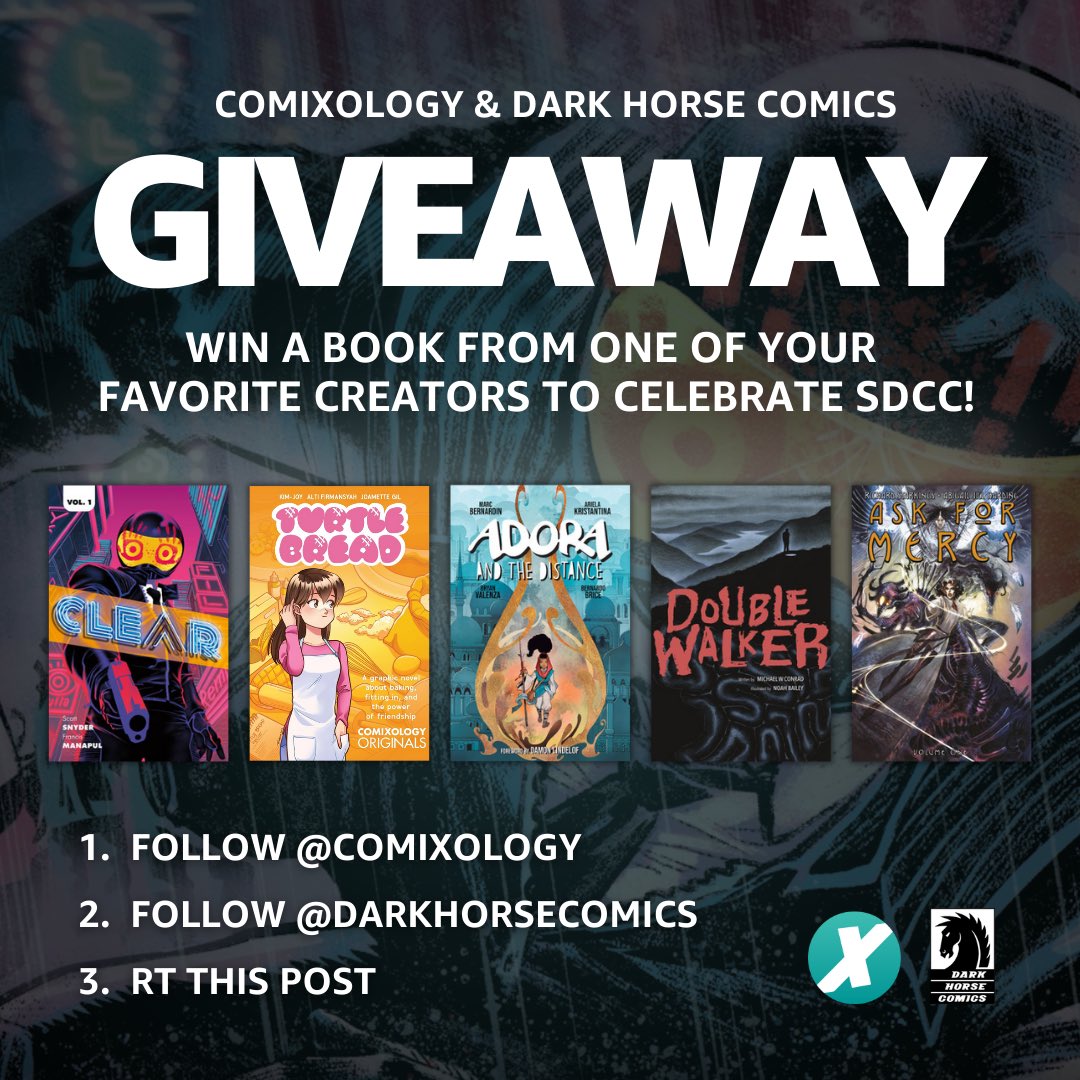 Comixology (@comixology) on Twitter photo Enter for a chance to win a print collection or GN by your favorite creators to celebrate SDCC!
1. Follow <a href="/Comixology/">Comixology</a>
2. Follow <a href="/DarkHorseComics/">Dark Horse Comics</a>
3. RT this post
Five entries will be chosen at random. Unlimited entries, one prize per person. T&Cs: spr.ly/6183cVHCR Enter for a chance to win a print collection or GN by your favorite creators to celebrate SDCC!
1. Follow <a href="/Comixology/">Comixology</a>
2. Follow <a href="/DarkHorseComics/">Dark Horse Comics</a>
3. RT this post
Five entries will be chosen at random. Unlimited entries, one prize per person. T&Cs: spr.ly/6183cVHCR