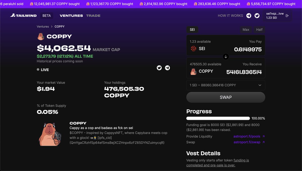 You can now trade coins launched directly on <a href="/TailwindZone/">TAILWIND LABS</a> after DEXScreener Listing. Enjoy.

Reminder: <a href="/CoppyBadass/">Coppy</a> is a parody, a useless memecoin, and IS NOT AFFILIATED with <a href="/CappysNFT/">Cappys</a> in ANY WAY. In fact, we recommend NOT BUYING IT.

Don't buy it