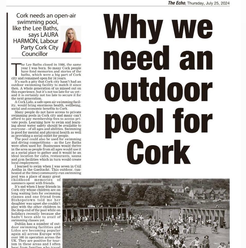 LauraHarmon01's tweet image. I want to see a new version of the Lee Baths back in Cork City.

My opinion piece in today’s @echolivecork supporting the @LidoCork campaign for an open air, safe, year-round swimming facility.

Link: echolive.ie/corkviews/arid…
