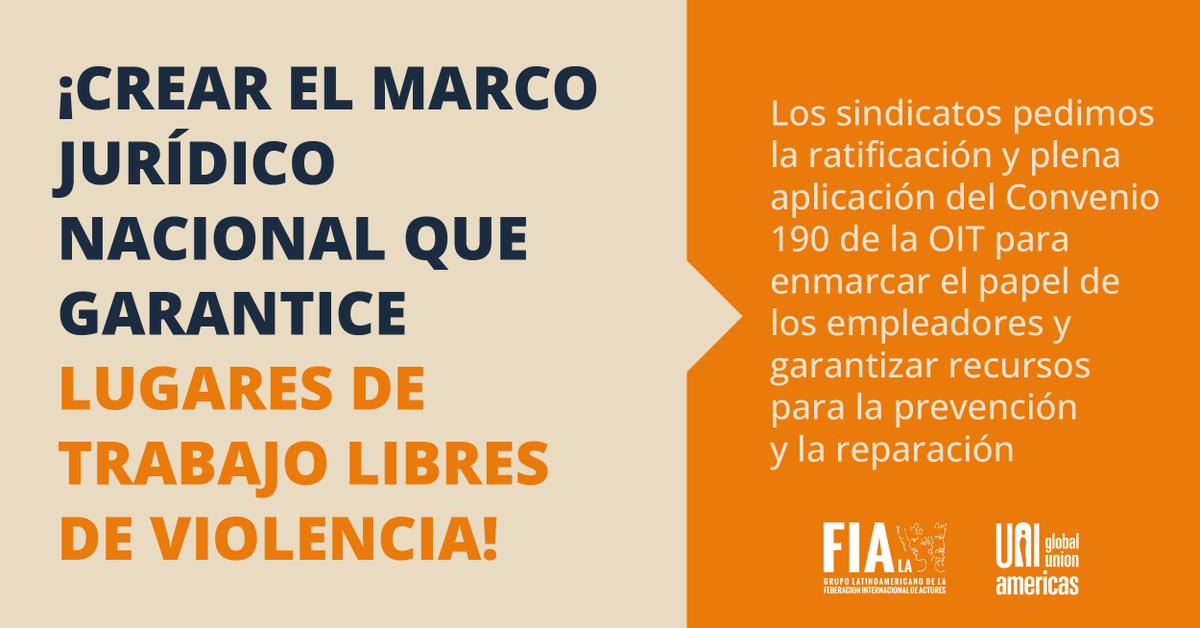 uniamericas's tweet photo. 📢¡Los sindicatos del sector medios y espectáculos piden la ratificación y plena aplicación del #C190 de la OIT!  @ilo

⚖️Necesitamos mejores marcos jurídicos nacionales para garantizar lugares de trabajo libres de violencia para todxs.

Lee más aquí: https://t.co/hSh82i4VWX https://t.co/RLgL0OjjAW