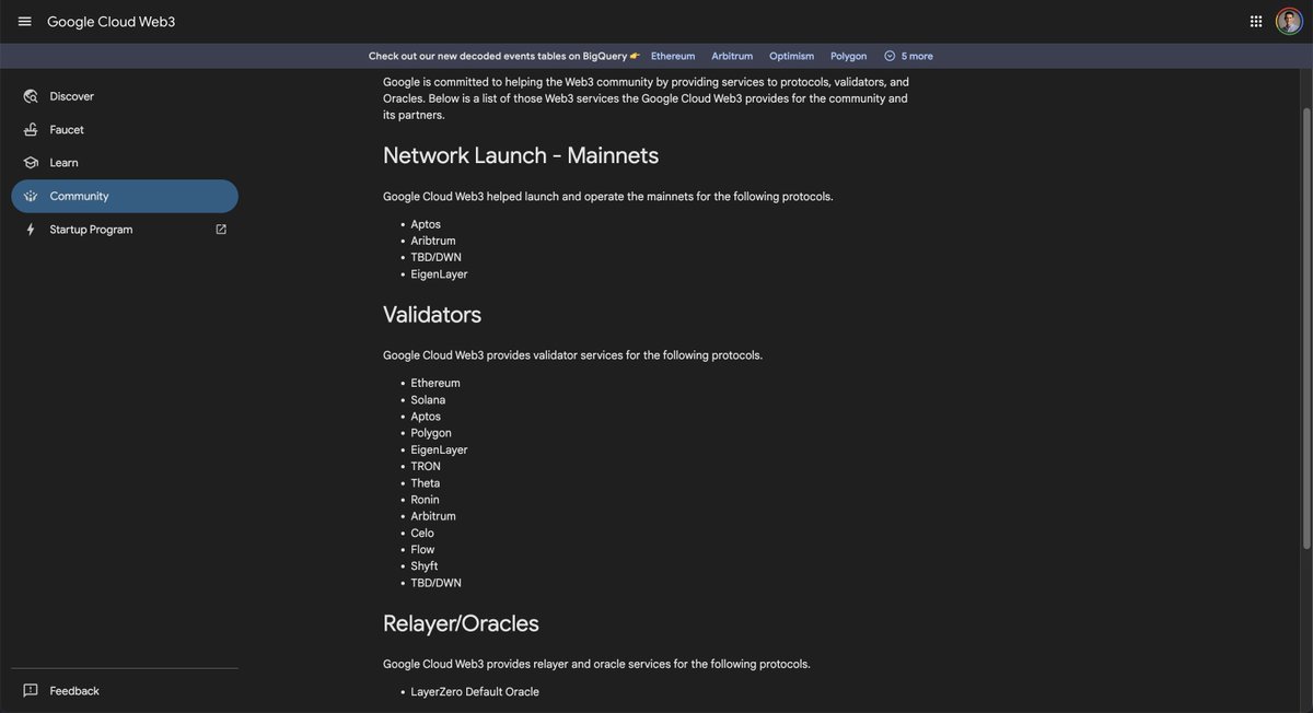 Google is quietly pushing big into crypto.

Cloud support, blockchain analytics, node infra, free testnet ETH, validator for several big L1s and L2s, integration into search, and more.

Do not sleep on this.