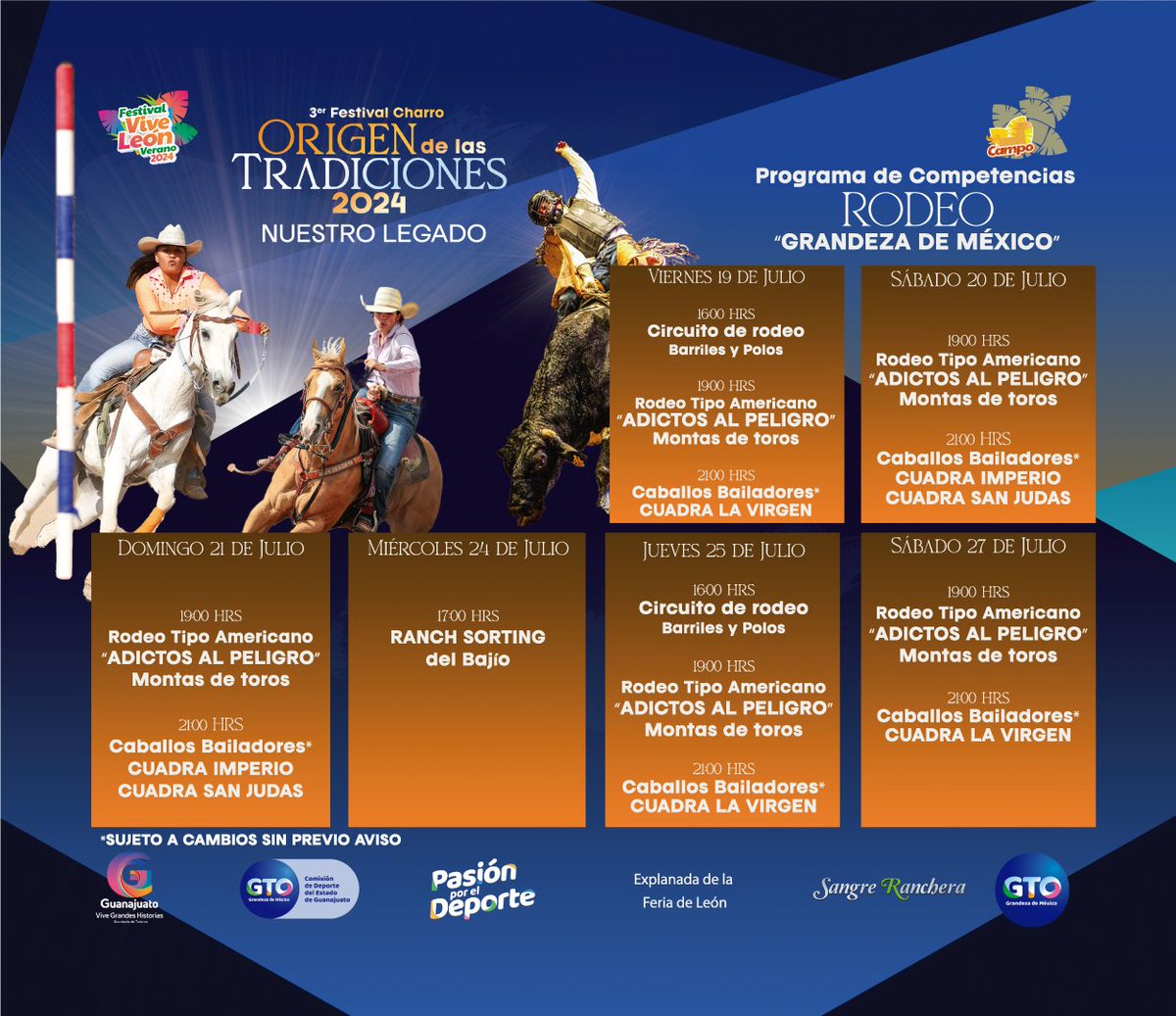 FeriaDeLeon's tweet photo. ¡Lo mejor de nuestras raíces en el Festival Charro Origen de las Tradiciones 2024! 💛 Conoce el programa con todas las actividades que celebran la cultura charra: charreadas, cursos y mucha tradición.
¡Te esperamos en el Campo del Festival Vive León Verano 2024! 🤠🤠
#FVL24 https://t.co/ARH98BDXeB