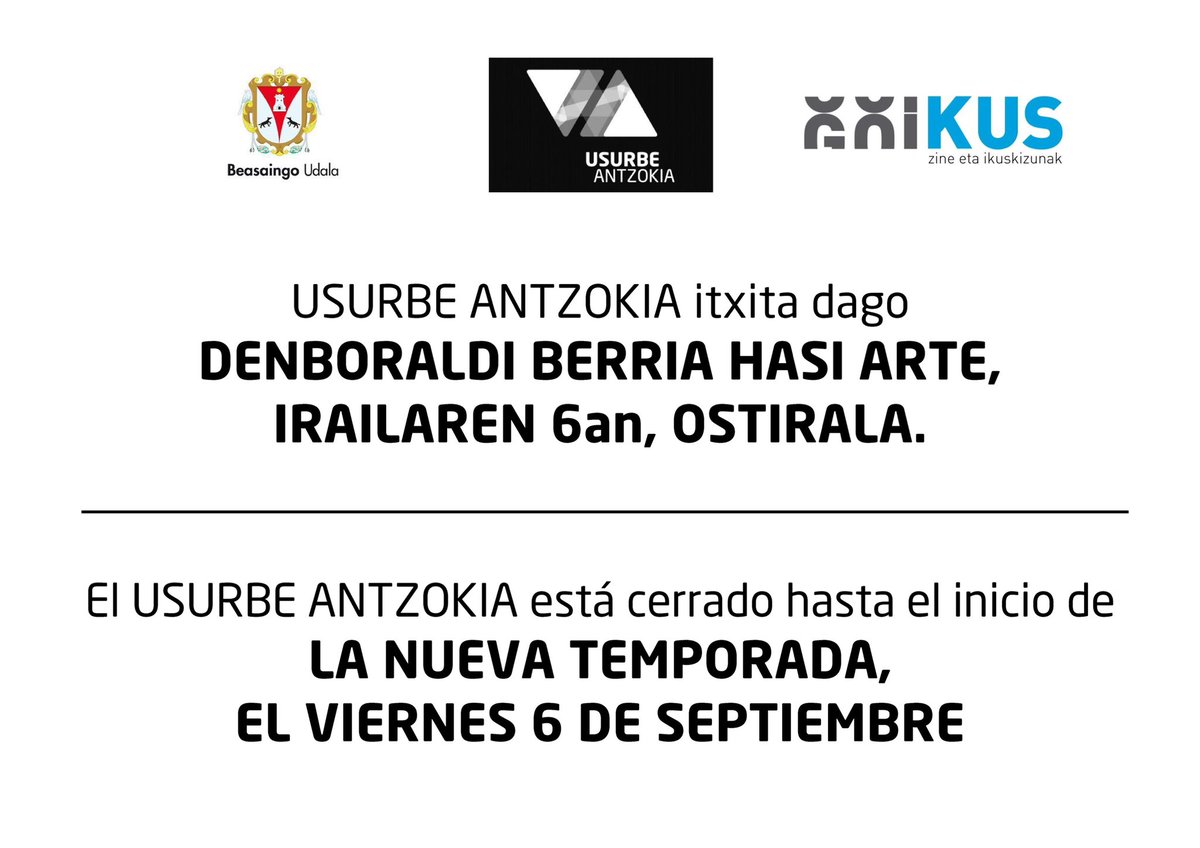 Opor ederrak opa dizkizuegu ☀️ Irailaren 6an berriro izango gara zuekin, estreinaldiz beteriko denboraldi batean 🎬

Os deseamos unas bonitas vacaciones ☀️ Voleremos a estar con vosotrxs el 6 de septiembre en otra temporada llena de estrenos 🎬