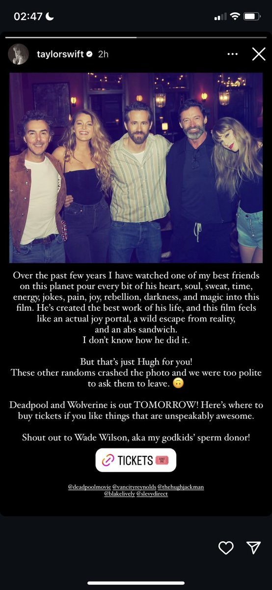 kllm_e's tweet image. Wait???? So did @taylorswift13 just confirm that she plays the part of Lady DeadPool? I thought it was @blakelively ??? I’m so confused. 

#DeadpoolAndWolverine #DeadpoolWolverine