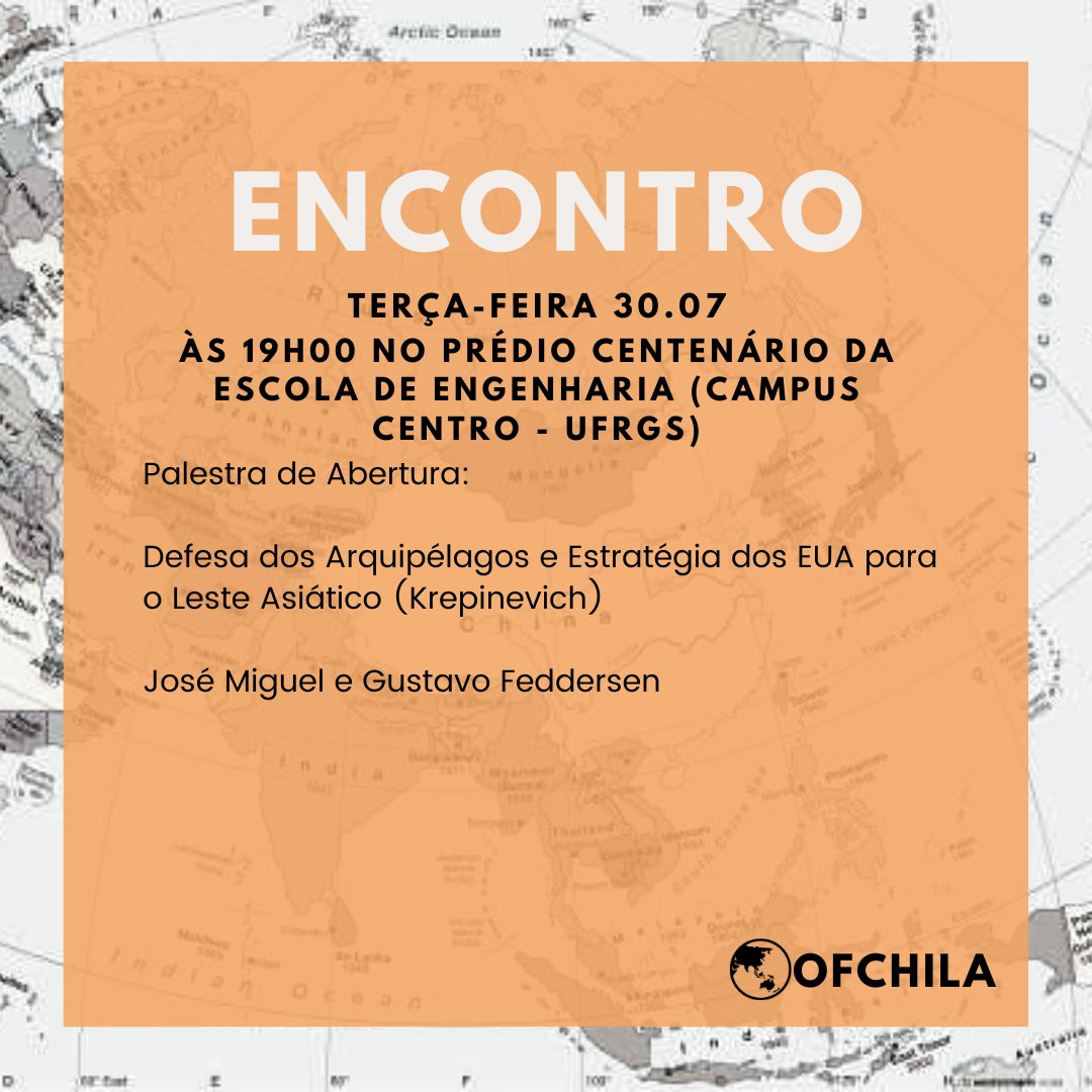 Convidamos todas e todos para participarem, na próxima terça-feira, dia 30/07, às 19:00, no Predio Centenário da Escola de Engenharia, da nossa Palestra de Abertura:
Defesa dos Arquipélagos e Estratégia dos EUA para o Leste Asiático (Krepinevich)