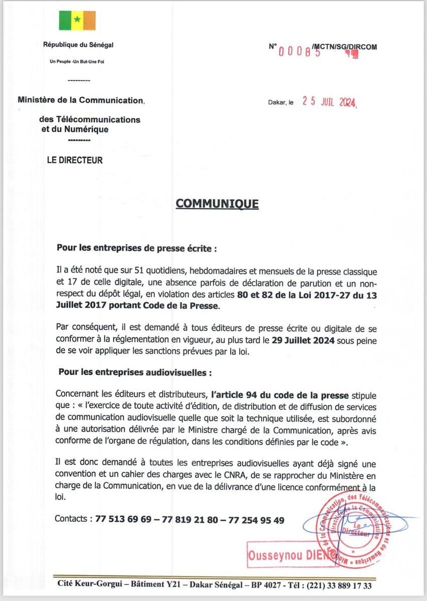 GregoireTour's tweet photo. 🚨🇸🇳
COMMUNIQUÉ DU MINISTÈRE DE LA COMMUNICATION, DES TÉLÉCOMMUNICATIONS ET DU NUMÉRIQUE.
#Jubbanti
#SenegalVision2050 
#senegal 
#kebetu 
#télécommunication https://t.co/5sdicY3mbf