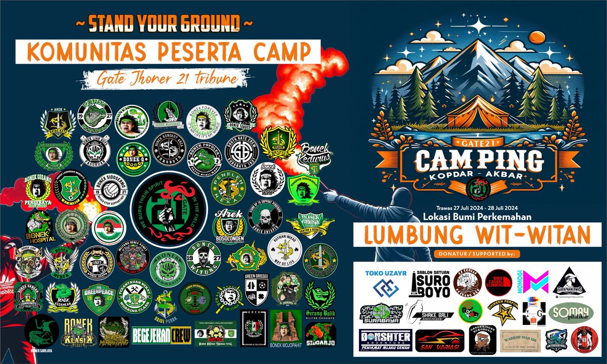 Welcome to camp ground Gate Jhoner 21 tribune,

We Burn Their Spirit In The Field until we are 6th and forever..

STAND YOUR 6ROUND 

#anniversary6thgatejhoner21
#persebaya