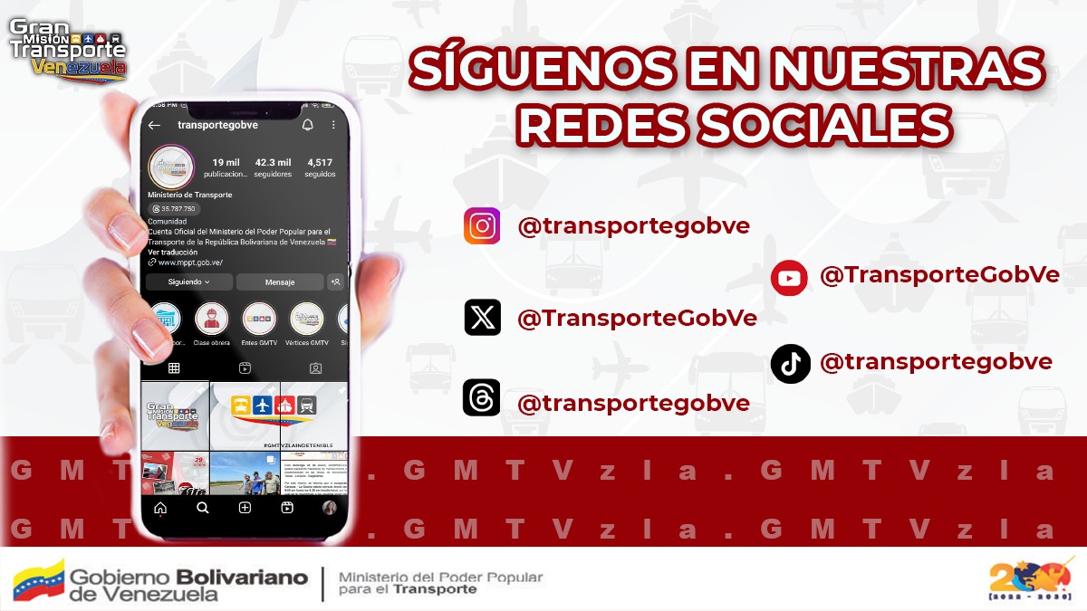 ¿Ya nos sigues? Entonces ¿Qué estás esperando para mantenerte informado?  Todo lo que ofrece el sector transporte en nuestras redes sociales 
#GMTVzlaSomosTodos