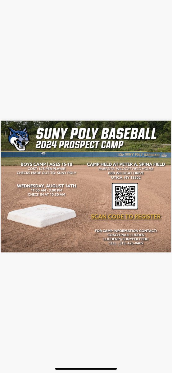 SUNY Poly baseball is hosting its annual prospect camp on August 14th 💪🏽Link to register below:

form.jotform.com/Polyfoundation…