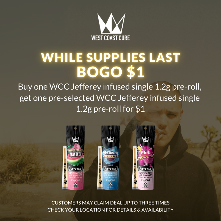 ASHESociety's tweet image. Need a restock on pre-rolls? 💨 For a limted-time only, Buy 1⃣ WCC Jefferey infused single 1.2g pre-roll, and get another for $1!💸 #BOGO #WCC #preroll #Cannabisdeals