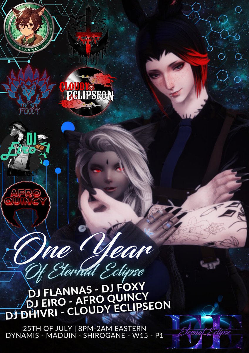 TONIGHT.
It's our one year anniversary bash for <a href="/eternaleclispe/">Eternal Eclipse</a> and we're about ready to bring down the house with an amazing night of music from 6 amazing djs who represent the best that music has to offer in #FFXIV.  

As one of the founders of eternal eclipse. Don't quote me