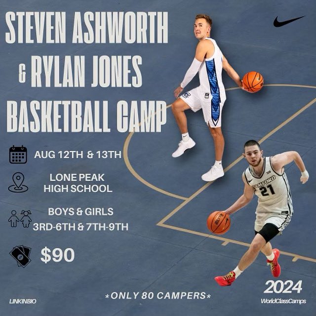 Rylan Jones (@rylanjones15) on Twitter photo Super excited to be hosting a camp with august 12 & 13 at Lone Peak High School with One of Utahs all time greats <a href="/stevenAsh_15/">Steven Ashworth</a> Would love to help and coach Utahs future ballers. Sign up with the link below
stevenashworth.worldclasscamps.com/#form-v_MlNlxG… Super excited to be hosting a camp with august 12 & 13 at Lone Peak High School with One of Utahs all time greats <a href="/stevenAsh_15/">Steven Ashworth</a> Would love to help and coach Utahs future ballers. Sign up with the link below
stevenashworth.worldclasscamps.com/#form-v_MlNlxG…