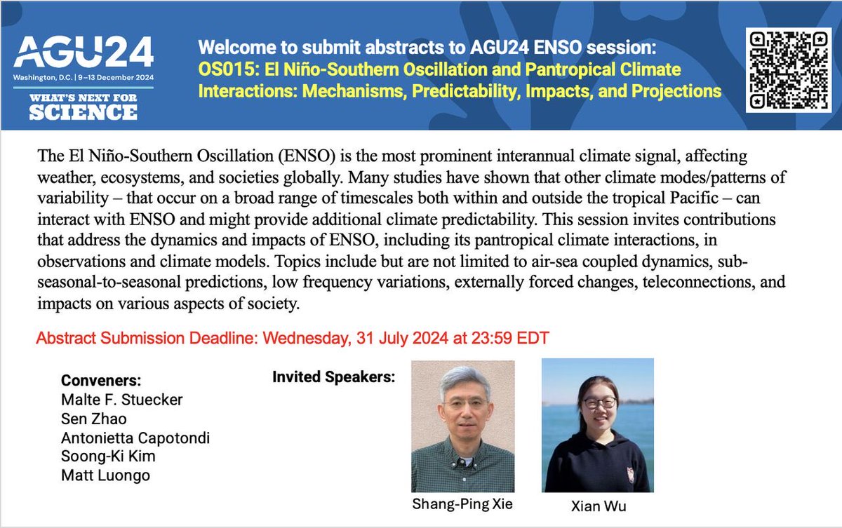 OS015: El Niño-Southern Oscillation and Pantropical Climate Interactions: Mechanisms, Predictability, Impacts, and Projections ⁦<a href="/theAGU/">AGU (American Geophysical Union)</a>⁩ ⁦<a href="/xie_climate/">Shang-Ping Xie</a>⁩ ⁦<a href="/WCRP_CLIVAR/">CLIVAR</a>⁩