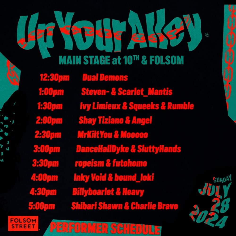 Are you ready? 
⛓️
Up Your Alley is bringing you the dirtiest beats, the sexiest bondage performers and the filthiest GoGo’s together again on the MainStage to keep you going all day long. Don’t miss a second of this incredible lineup: