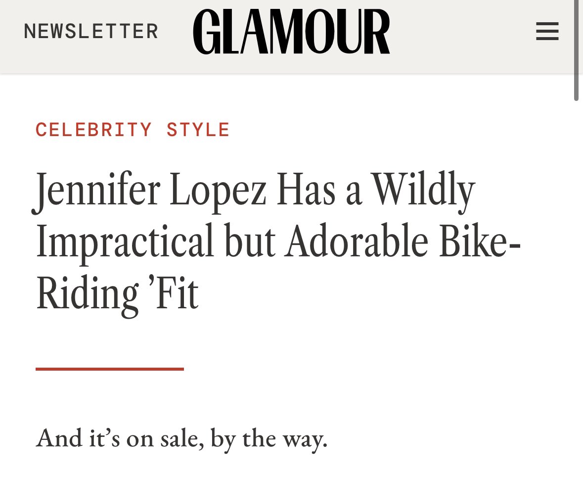 Jennifer Lopez is the perfect advocate for normalising cycling.

Glamour magazine claims J.Lo’s outfits are not practical for cycling, but with a comfortable step through bike, chain guard and mudguards, you can very easily dress for the destination, not the journey.