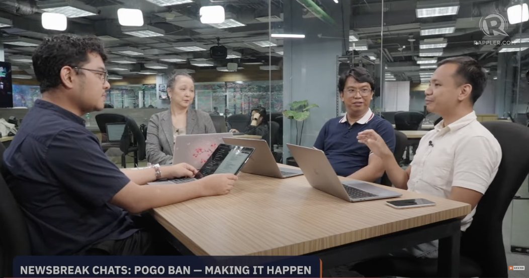 JC Punongbayan (@jcpunongbayan) on Twitter photo ICYMI: I had a great (almost hour-long) chat with <a href="/miriamgracego/">Miss Go</a>, Rappler's managing editor, and reporters <a href="/newsdwight/">Dwight De Leon</a> & <a href="/jairojourno/">Jairo Bolledo</a> about BBM's POGO ban and how feasible it is to implement.
Watch the entire episode of #NewsbreakChats here:
youtube.com/live/34Wum3QOj… ICYMI: I had a great (almost hour-long) chat with <a href="/miriamgracego/">Miss Go</a>, Rappler's managing editor, and reporters <a href="/newsdwight/">Dwight De Leon</a> & <a href="/jairojourno/">Jairo Bolledo</a> about BBM's POGO ban and how feasible it is to implement.
Watch the entire episode of #NewsbreakChats here:
youtube.com/live/34Wum3QOj…