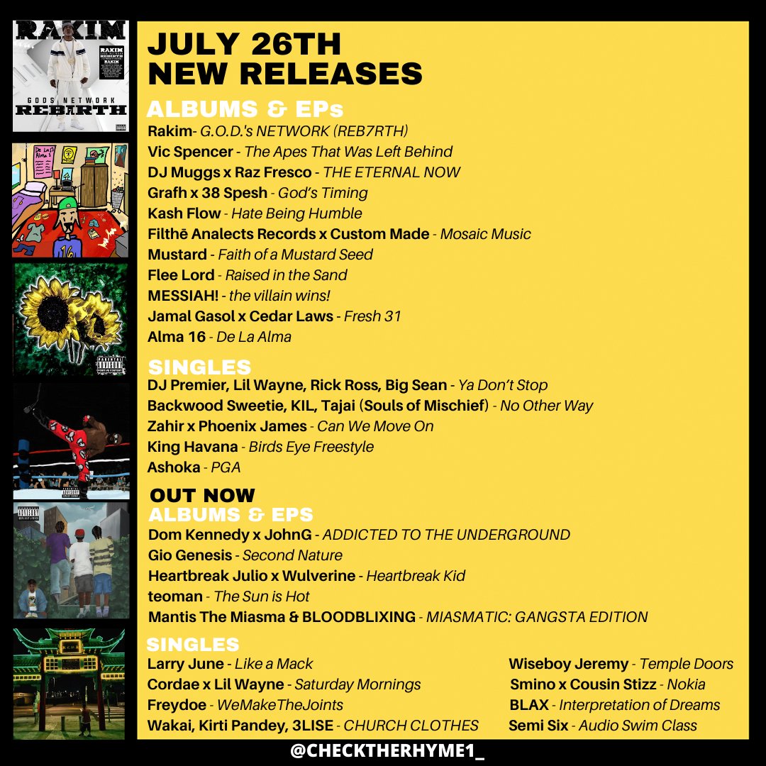 This week's new drops

Rakim
Vic Spencer
Larry June
Muggs x Raz Fresco
Preemo, Wayne, Rick Ross, Big Sean
Dom Kennedy x JohnG
Backwood Sweetie, KIL, Tajai
Kash Flow
Wiseboy Jeremy
MESSIAH!
Gio Genesis
Freydoe
BLAX
King Havana
Ashoka
+more

Who gets 1st spin?