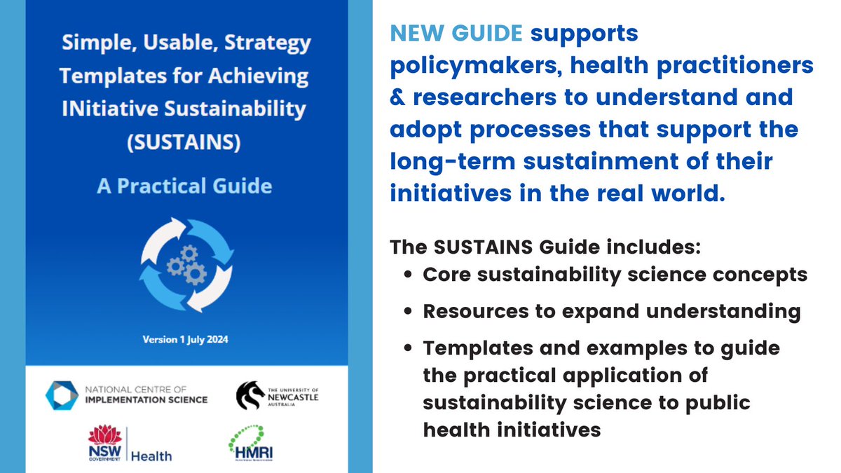 National Centre of Implementation Science (NCOIS) (@ncoisaustralia) on Twitter photo <20% of #EBI’s are sustained >2 years once support is withdrawn 😲But have no fear, a✨NEW ✨guide is here 👉 doi.org/10.25817/F8QP-…
Developed by <a href="/NicoleKNathan/">Nicole Nathan</a> & team, the SUSTAINS guide provides practical support to plan for the #sustainment of #publichealth #interventions <20% of #EBI’s are sustained >2 years once support is withdrawn 😲But have no fear, a✨NEW ✨guide is here 👉 doi.org/10.25817/F8QP-…
Developed by <a href="/NicoleKNathan/">Nicole Nathan</a> & team, the SUSTAINS guide provides practical support to plan for the #sustainment of #publichealth #interventions