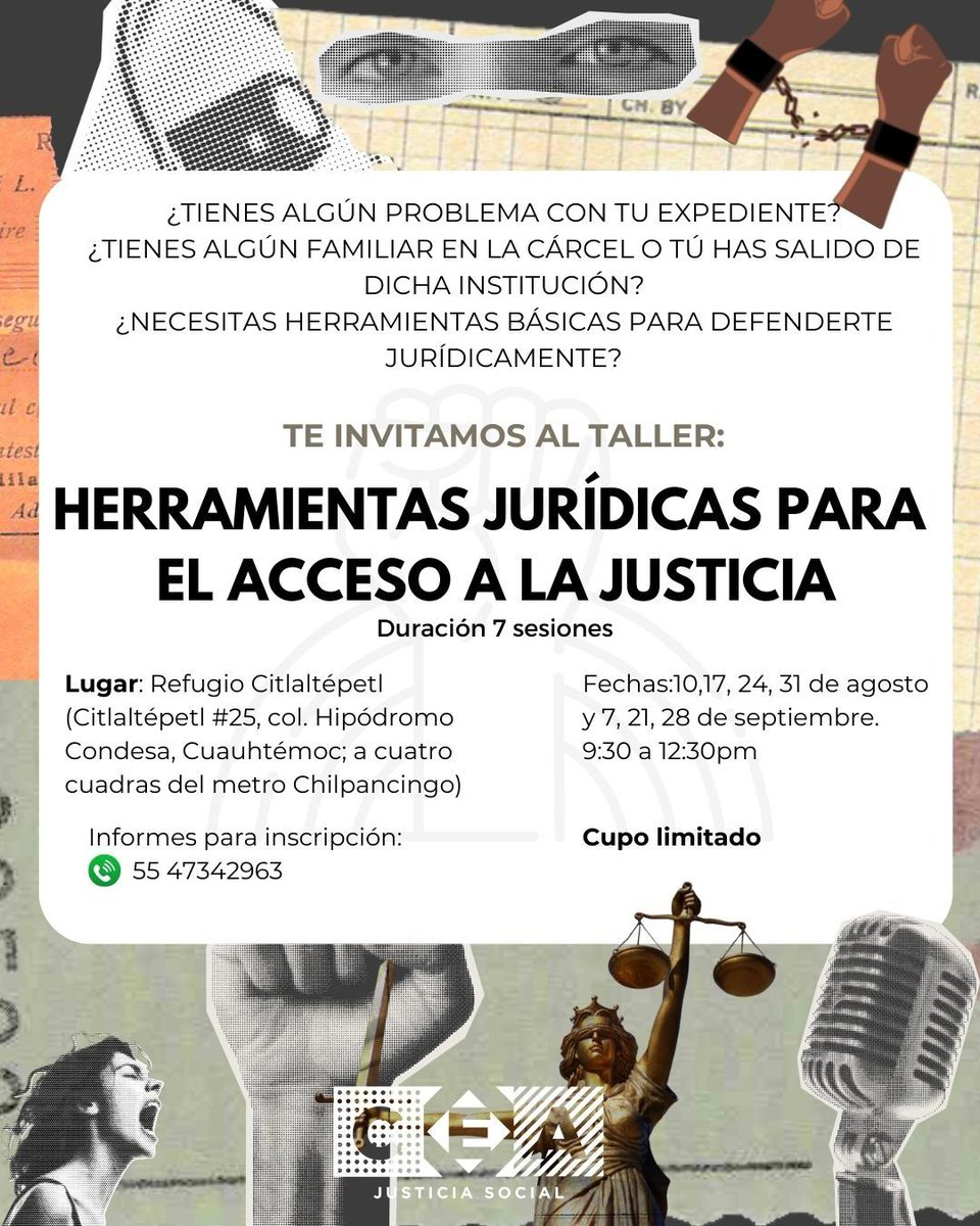 👊🏾¿Recién saliste de prisión?, ¿tienes problemas con tu expediente? Este taller es para ti.
Abrimos convocatoria a nuestro taller "Herramientas jurídicas para el acceso a la justicia"
Registrate en👉 acortar.link/RyF3R3 
Tienes hasta🗓️6 de agosto
Cupo limitado
📢¡Pasa la voz!