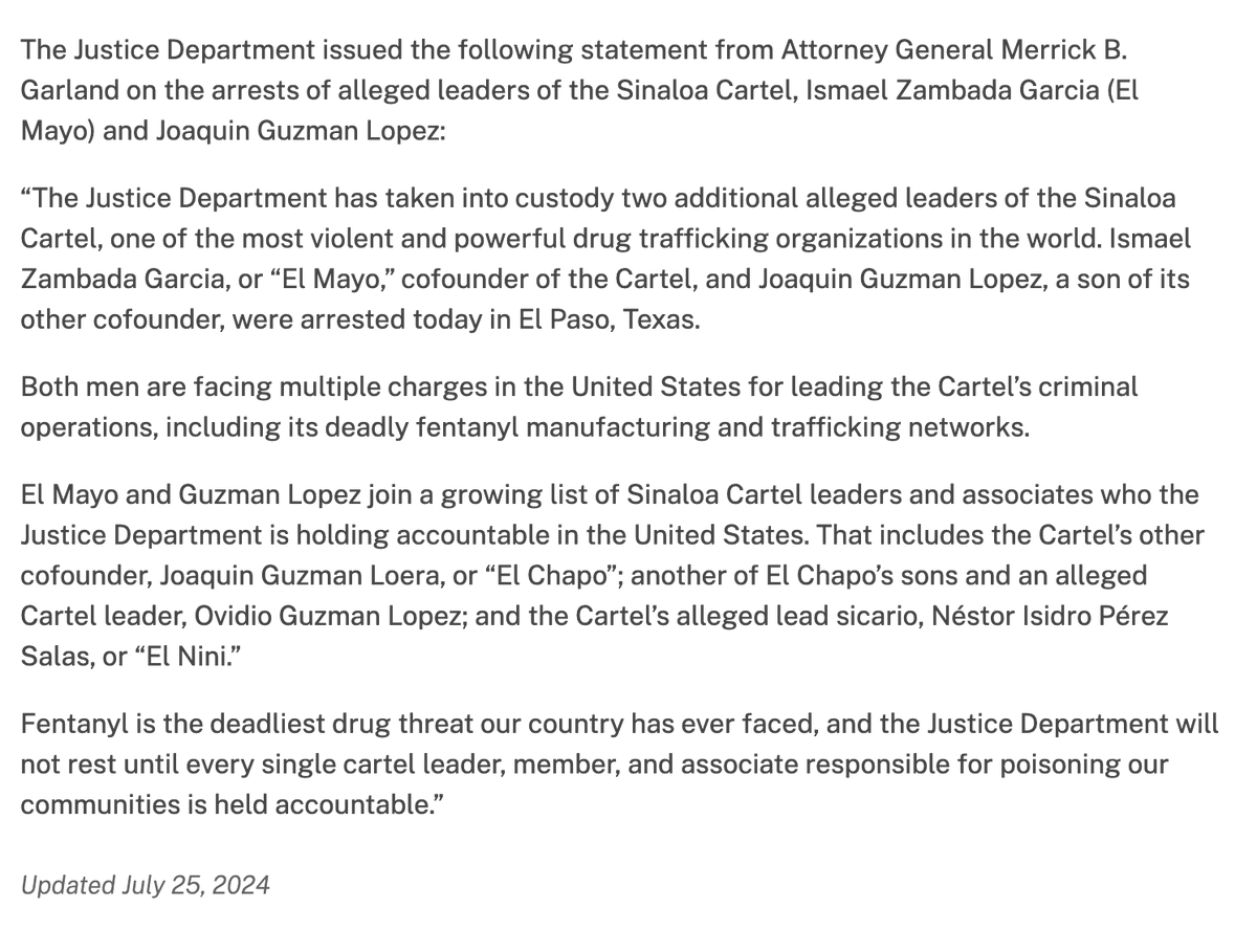 azucenau's tweet photo. #ÚLTIMAHORA | El Fiscal General de #EUA, Merrick B. Garland, CONFIRMA los arrestos de los presuntos líderes del Cartel de Sinaloa Ismael "El Mayo" Zambada y Joaquín Guzmán López, hijo de #ElChapo https://t.co/YpC8WdfAru