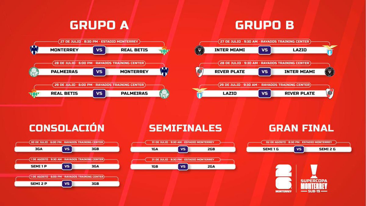 SUPERCOPA MONTERREY 

El Club de Futbol Monterrey sub 19 se medirá a su similar de Real Betis Balompié este sábado 27 de Julio en punto de las 8:30 pm en el ''Estadio Monterrey''
