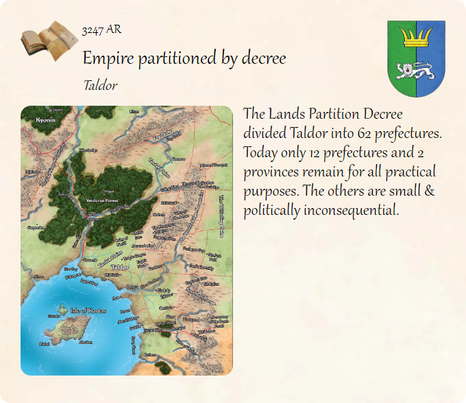 GolarionToday's tweet photo. 3247 AR: Empire partitioned by decree
#Taldor #3247AR
https://t.co/4vdcrojur8
The Lands Partition Decree divided Taldor into 62 prefectures. Today only 12 prefectures and 2 provinces remain for all practical purposes. The others are small & politically inconsequential. https://t.co/CeSlDZUugZ