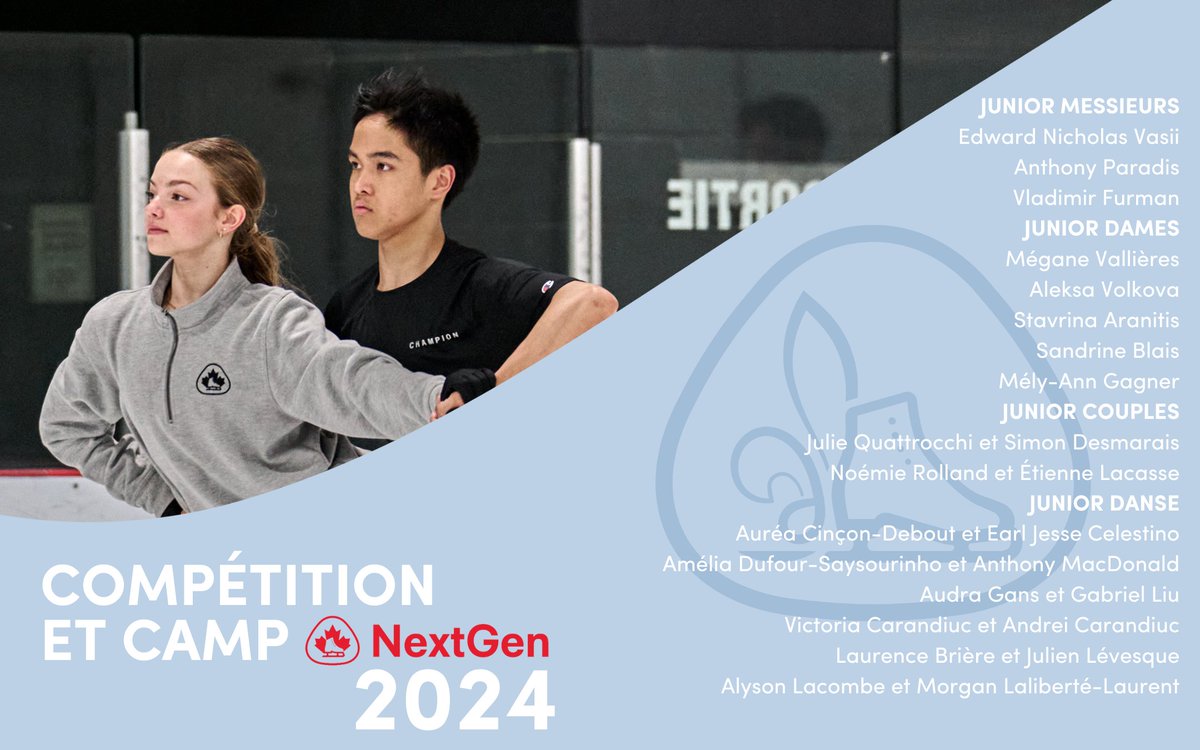 Tous derrière nos étoiles montantes du patinage québécois qui relèvent le défi du Next Gen 2024 ! Que l'esprit sportif et la passion vous guident sur la glace. On vous encourage ! 

🔗Pour tous les informations: skatecanada.ca/camp-et-compet…